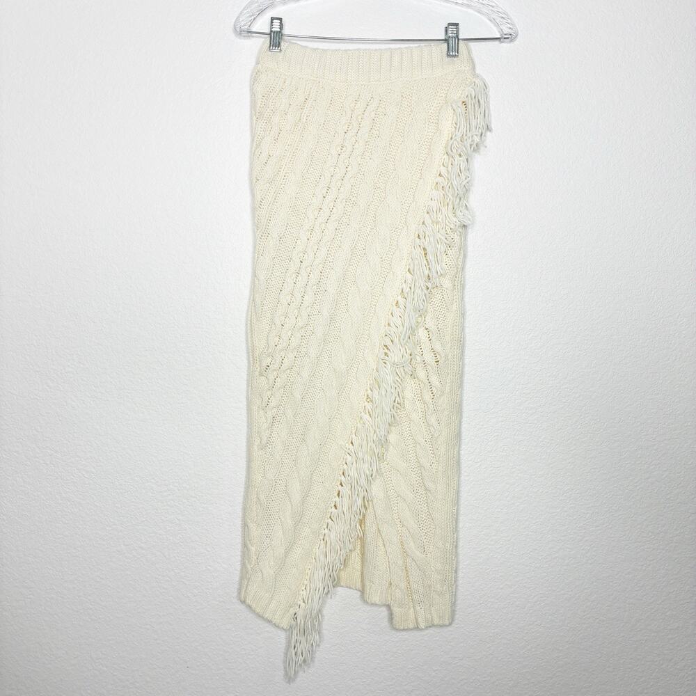 Something Navy Cream Cable Knit Asymmetric Fringe Skirt XS NWT